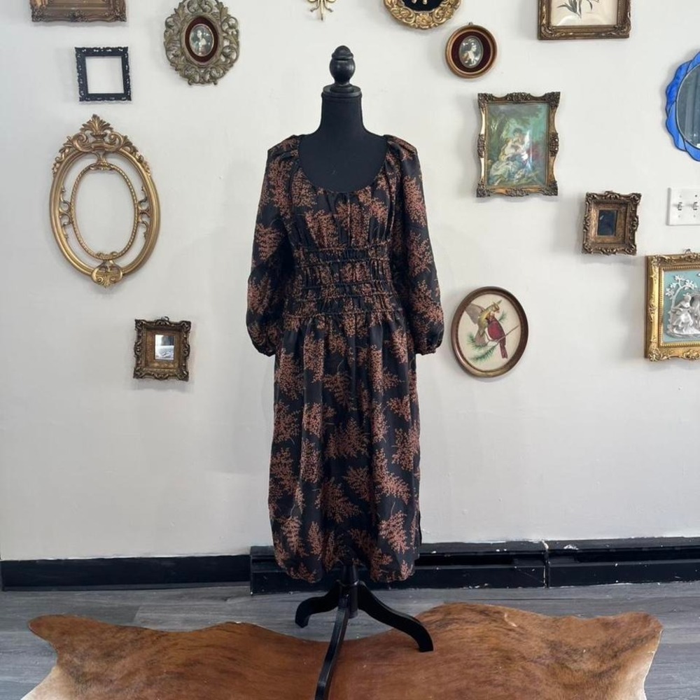 Rebecca Taylor Black & Brown Silk Floral Smocked Midi Dress – Size Large